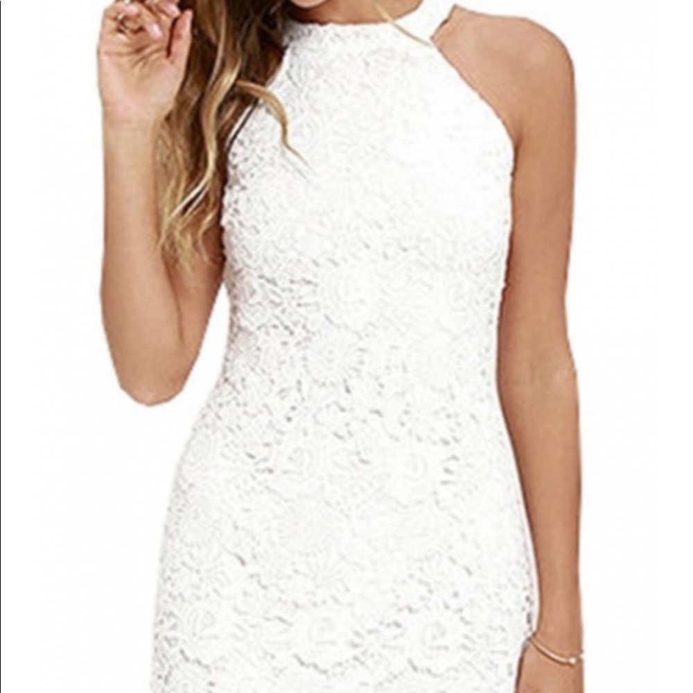 Lulus White Halter Neck Plain Lace Mini Dress